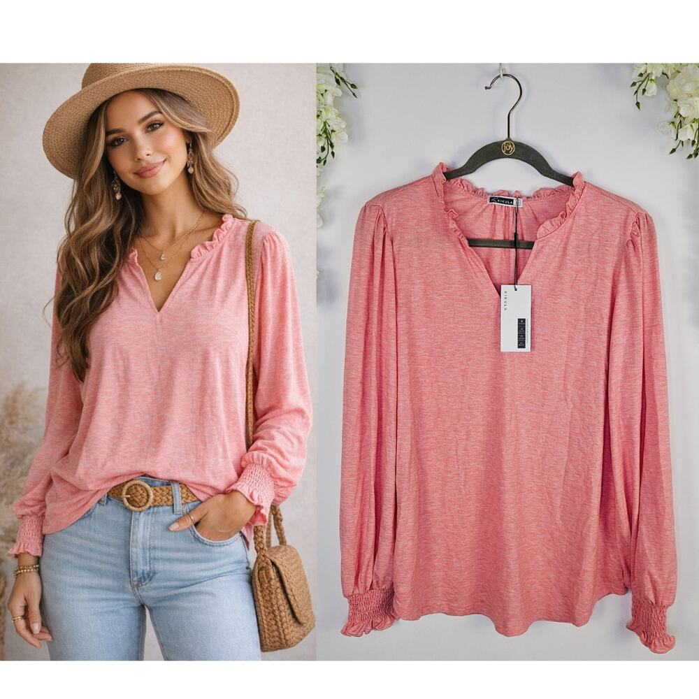 New Kikula Blouse Top Large Coral Pink Ruffle V-Neck Smocked Cuffs Boho Casual